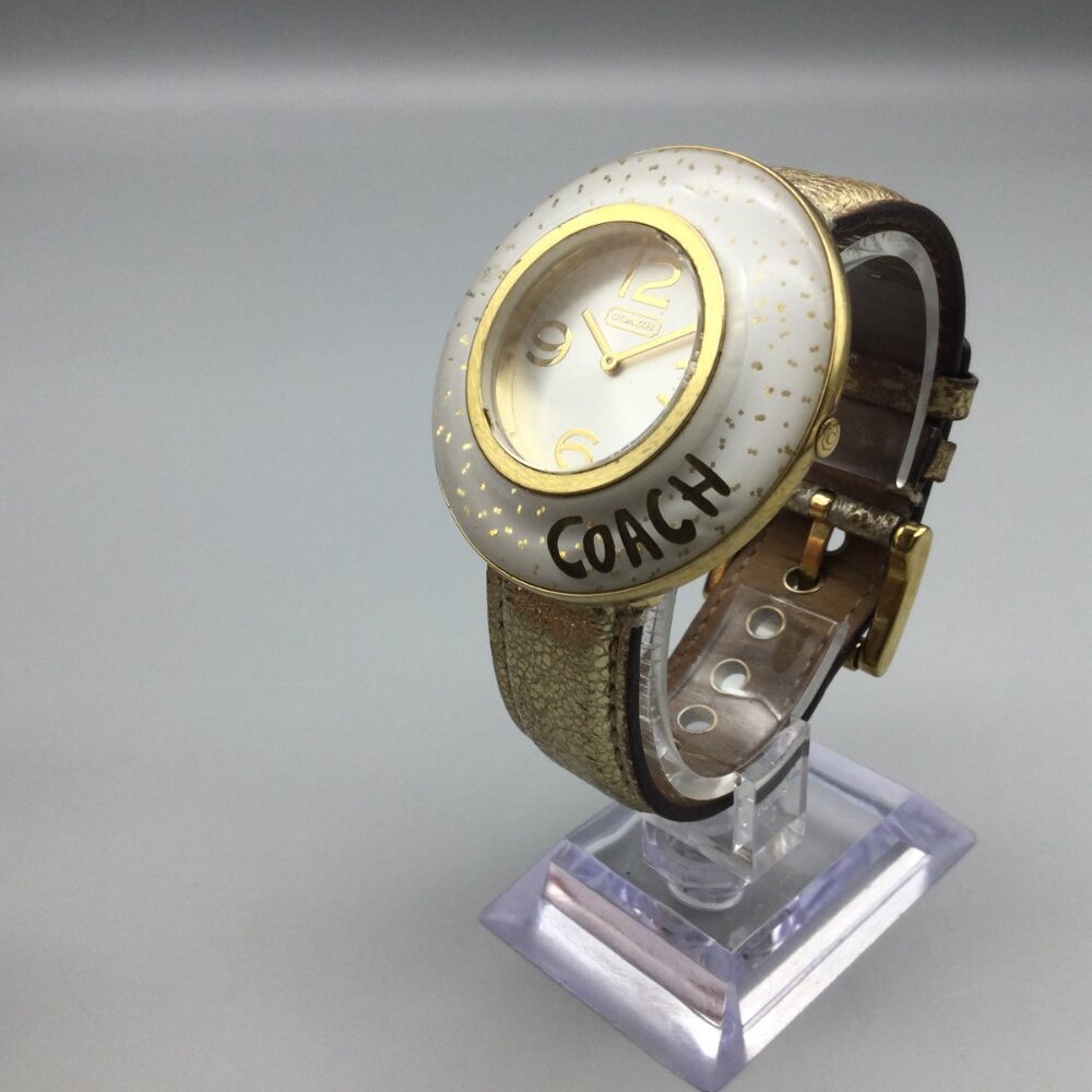 Vintage Coach Watch Women 45mm Gold Tone Glitter Bezel Leather Band New Battery - Picture 4 of 15
